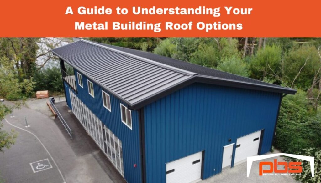 "A Guide to Understanding Your Metal Building Roof Options" above an image of a metal building with a black metal roof