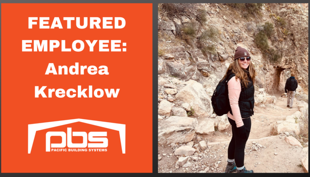 "Featured Employee - Andrea Krecklow" in white text next to a photo of Andrea