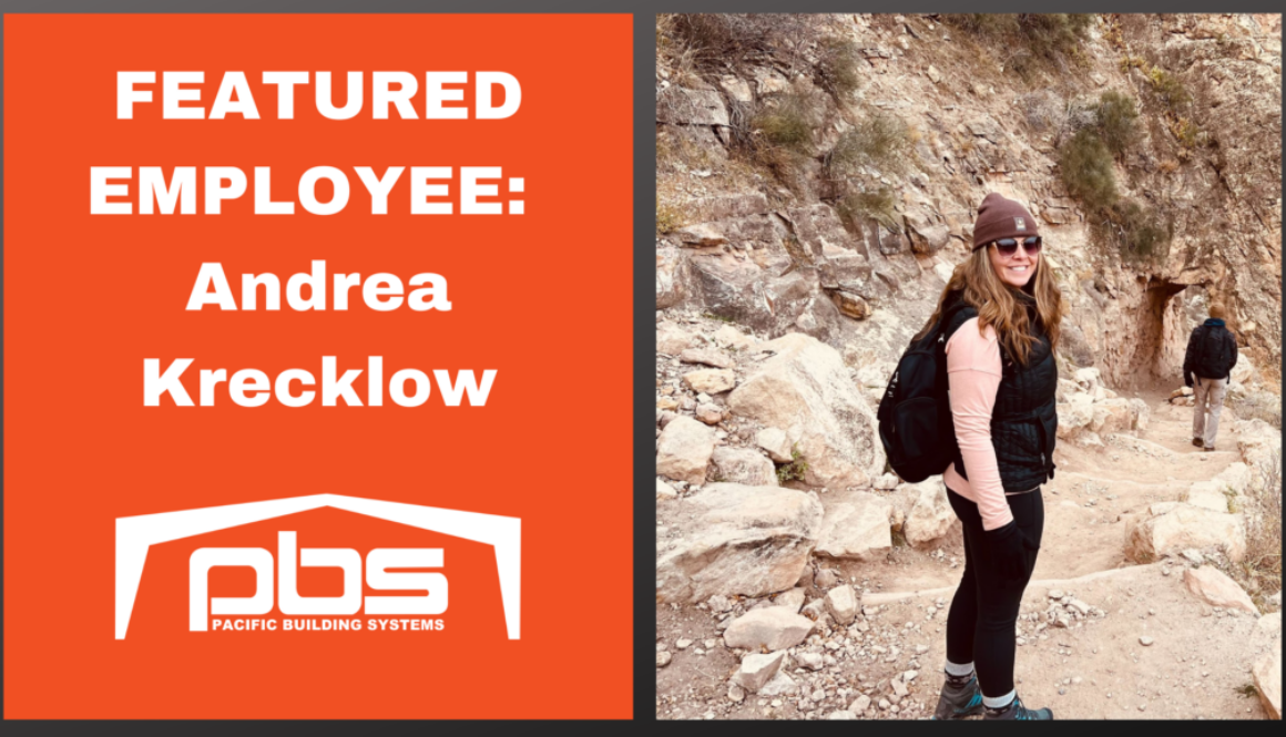 "Featured Employee - Andrea Krecklow" in white text next to a photo of Andrea