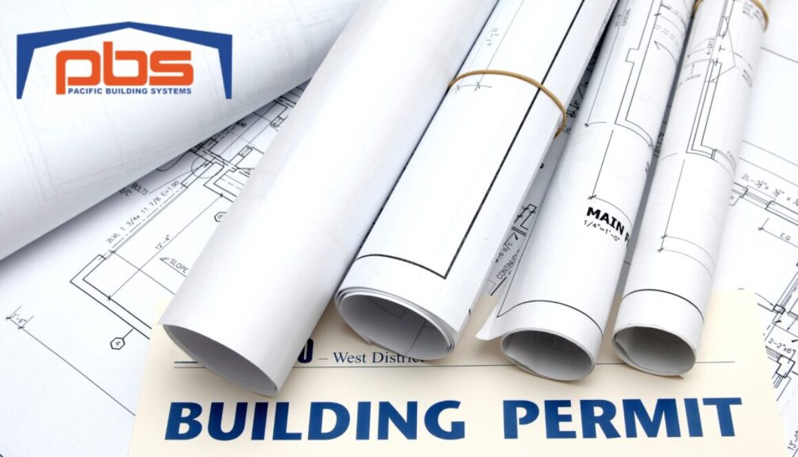 Building permit and rolled-up blueprints under a Pacific Building Systems logo