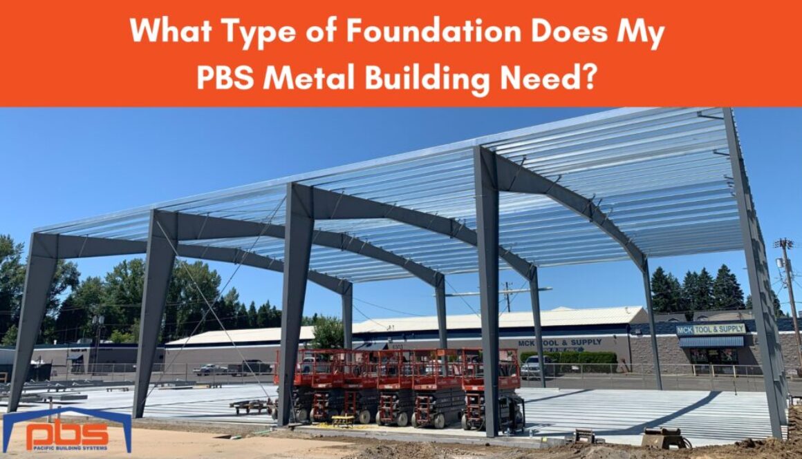 "What Type of Foundation Does My PBS Metal Building Need?" in white text over a photo of a metal building in construction