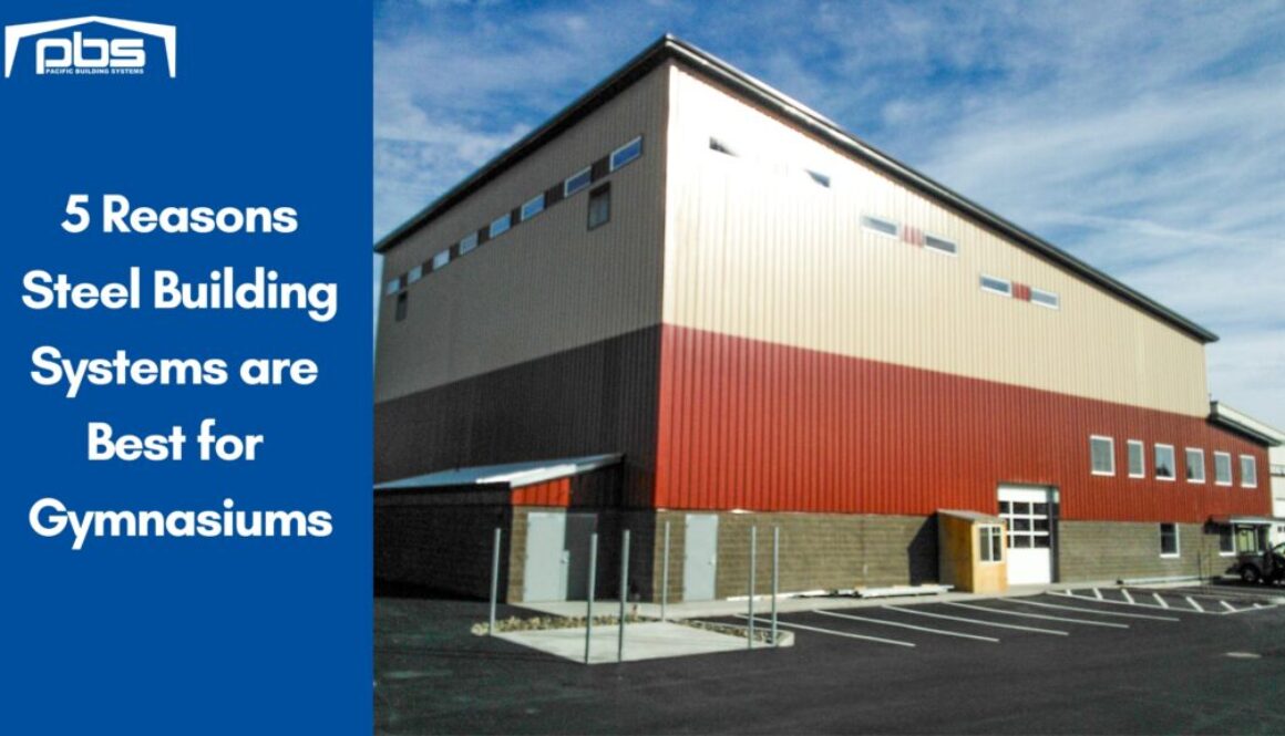 "5 Reasons Steel Building Systems Are Best for Gymnasiums" in text next to an exterior photo of a steel gymnasium